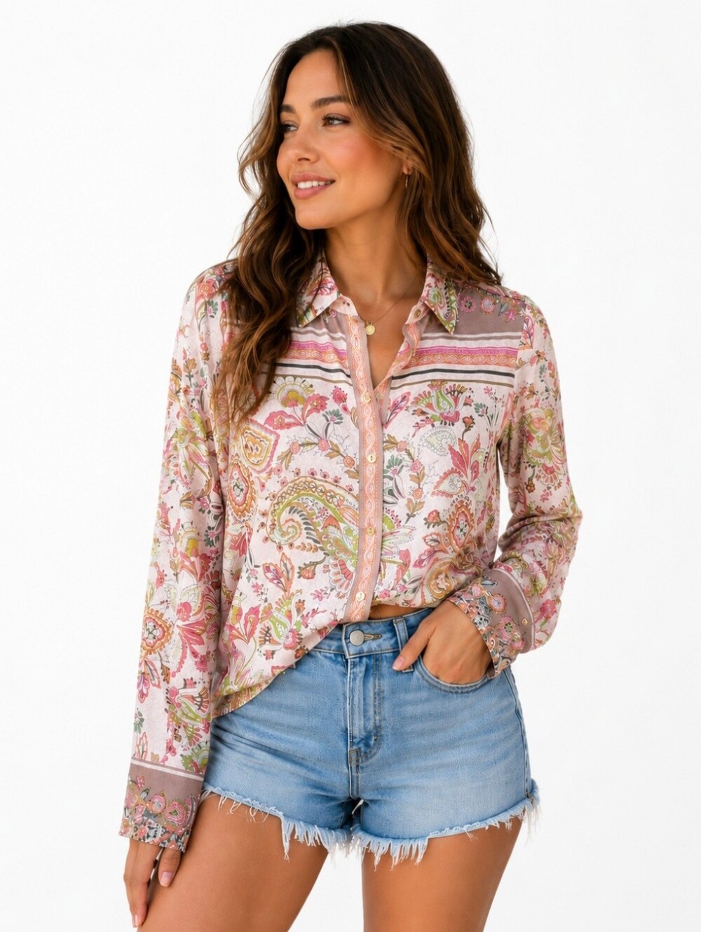 Paisley Floral Button Front Blouse Womens Small Pink Boho Stretch Top Rachel Zoe